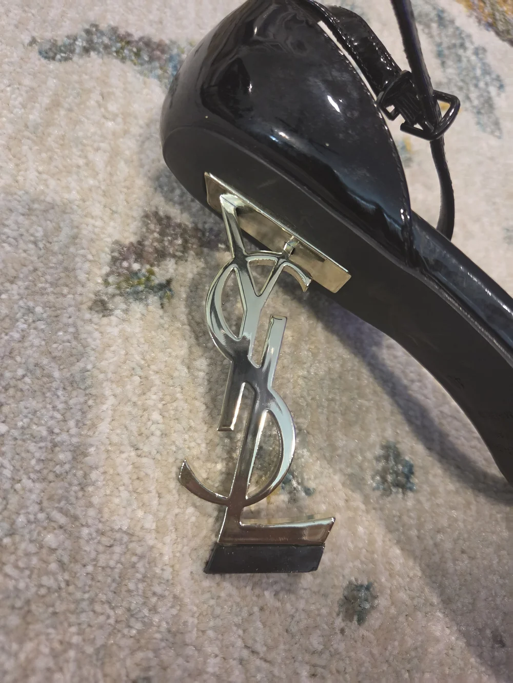 Yves Saint Laurent Black Patent Sandals w/Gold YSL Heels